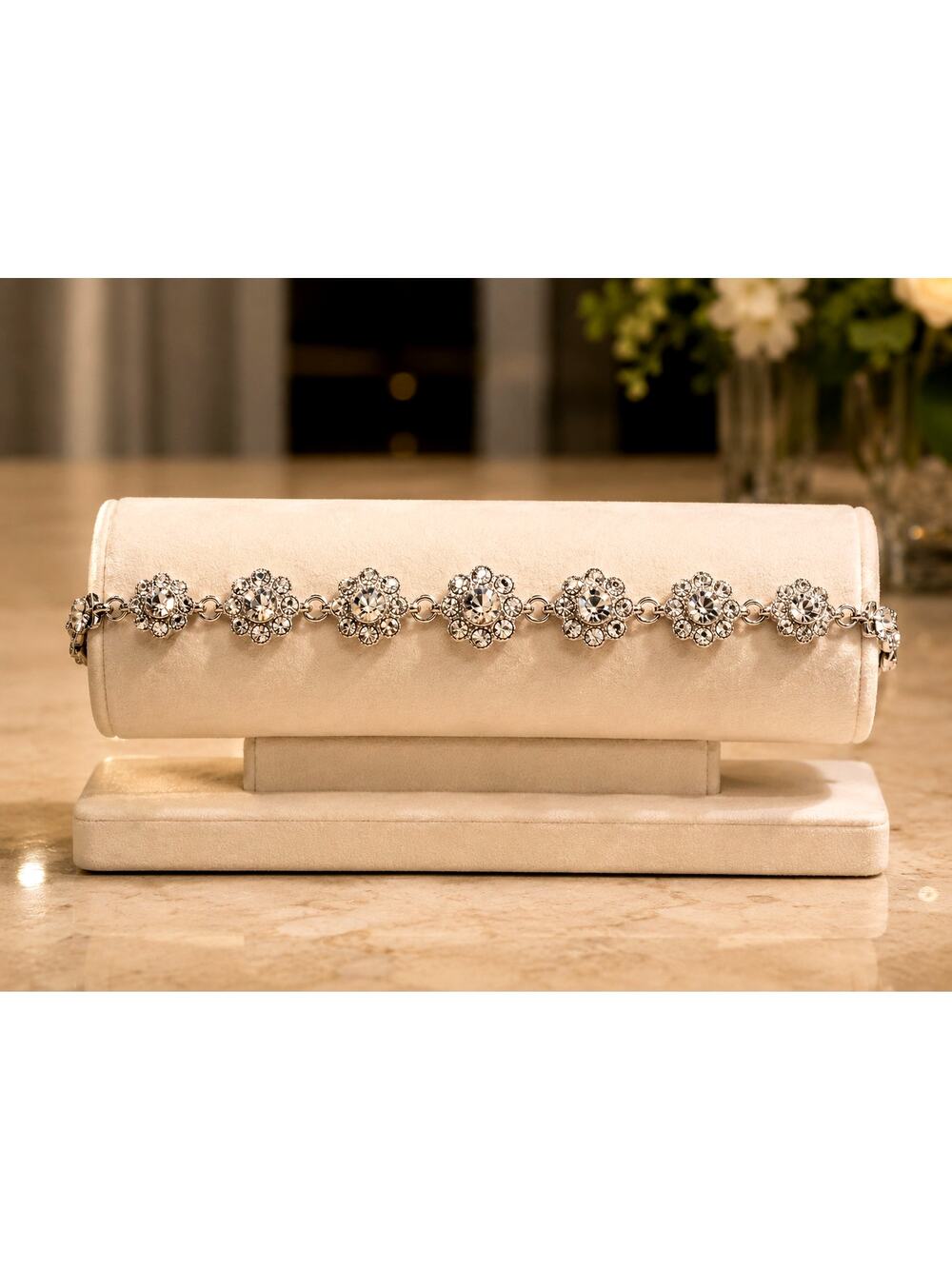 Vintage Monet Silver Tone Rhinestone Floral Link Bracelet Lobster Clasp Signed